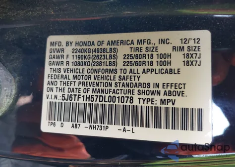 2013 Honda Crosstour Ex-L V6 z USA, uszkodzony, nr VIN 5J6TF1H57DL001078